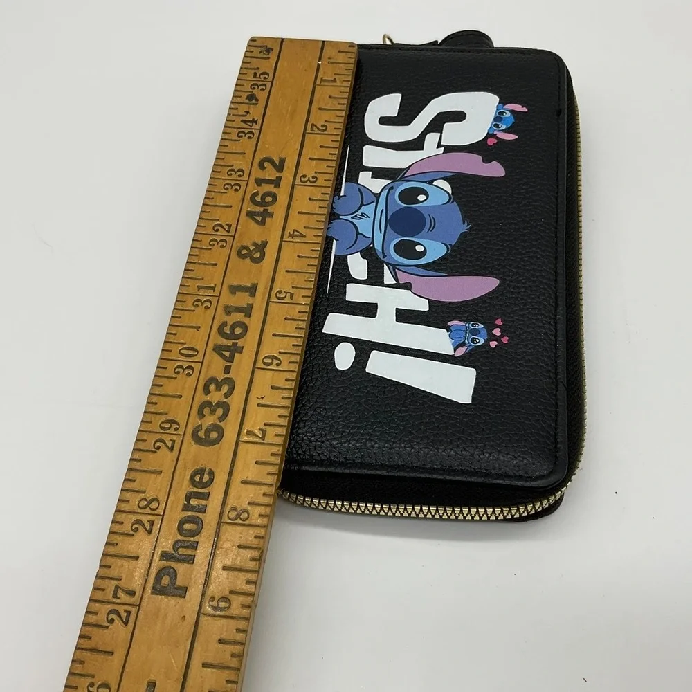 Disney Stitch Zip Around Wristlet Wallet Women Black Pink Faux Leather Travel